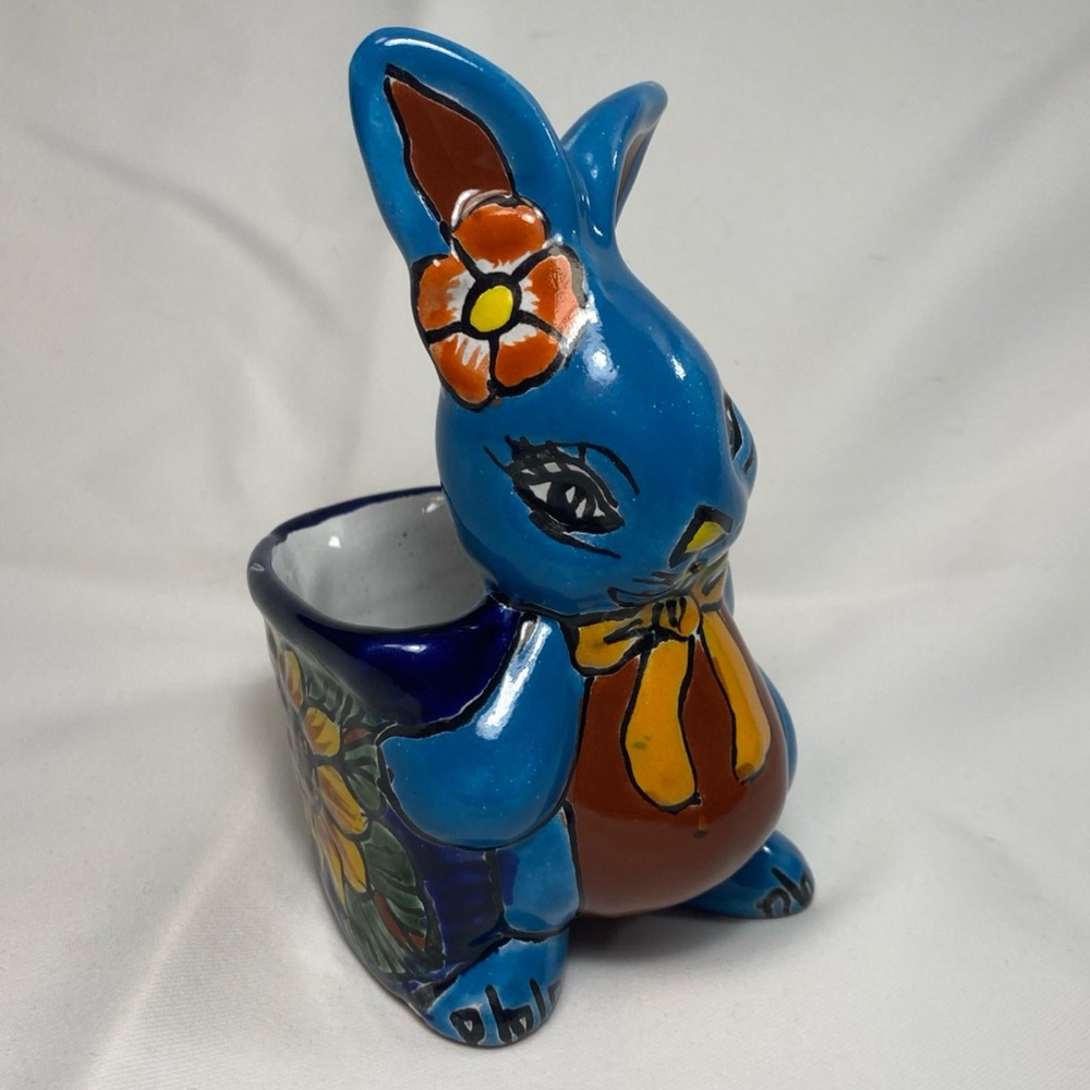 Talavera Bunny Planter Mini  5.5” Tall Mexican Pottery Folk Art Hand Painted